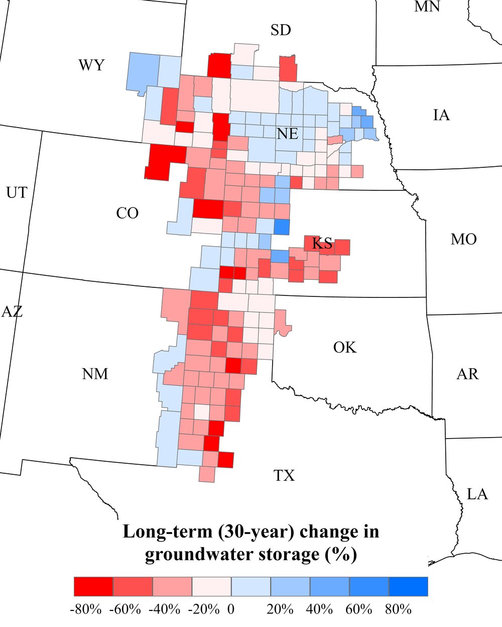 Map of modeled 30-year change in groundwater storage across the High Plains Aquifer