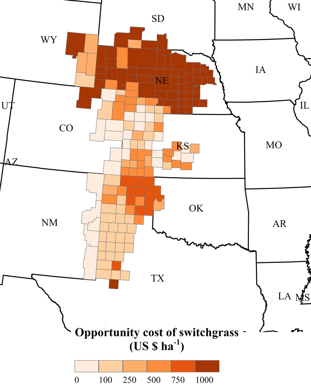 Map of the opportunity cost of switching from irrigated maize to perennial switchgrass by county across the High Plains Aquifer